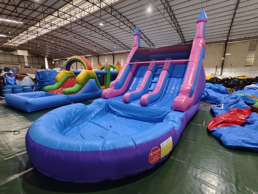 Popular comercial doble carril toboganes de agua inflable con piscina toboganes de agua inflable para niños y adultos