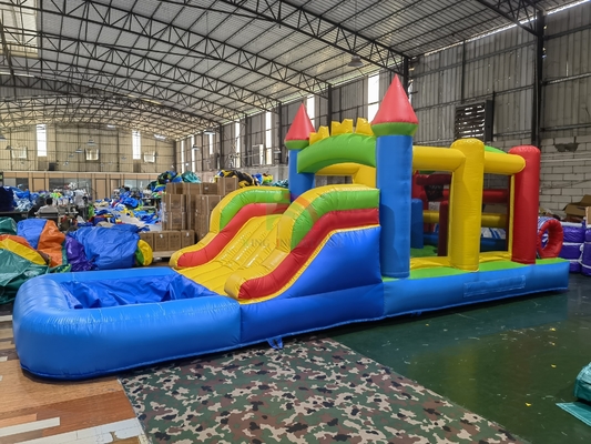 Juego de fiesta de jardín al aire libre húmedo seco Inflable Bounce House Combinado Curso de obstáculos con Slide Pool Ball Pit